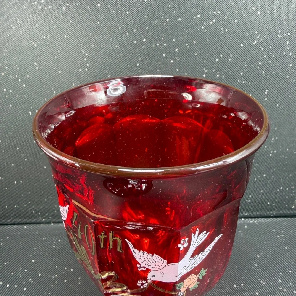 Viking Glass Ruby Red 40th Anniversary Candy Dish with Lid Doves Vintage 9 inch